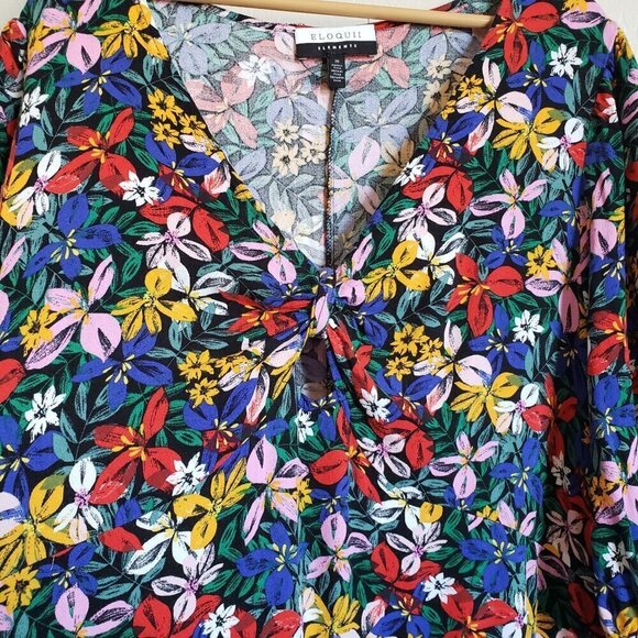 Eloquii Knot Front V-Neck Floral Flounce Dress Island Garland Sz Women's 20 Plus - Picture 6 of 10